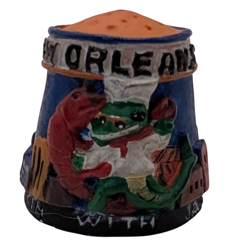 Vintage New Orleans‎ Thimble Blue Orange Gator Crawfish Ceramic Jazz Decorative